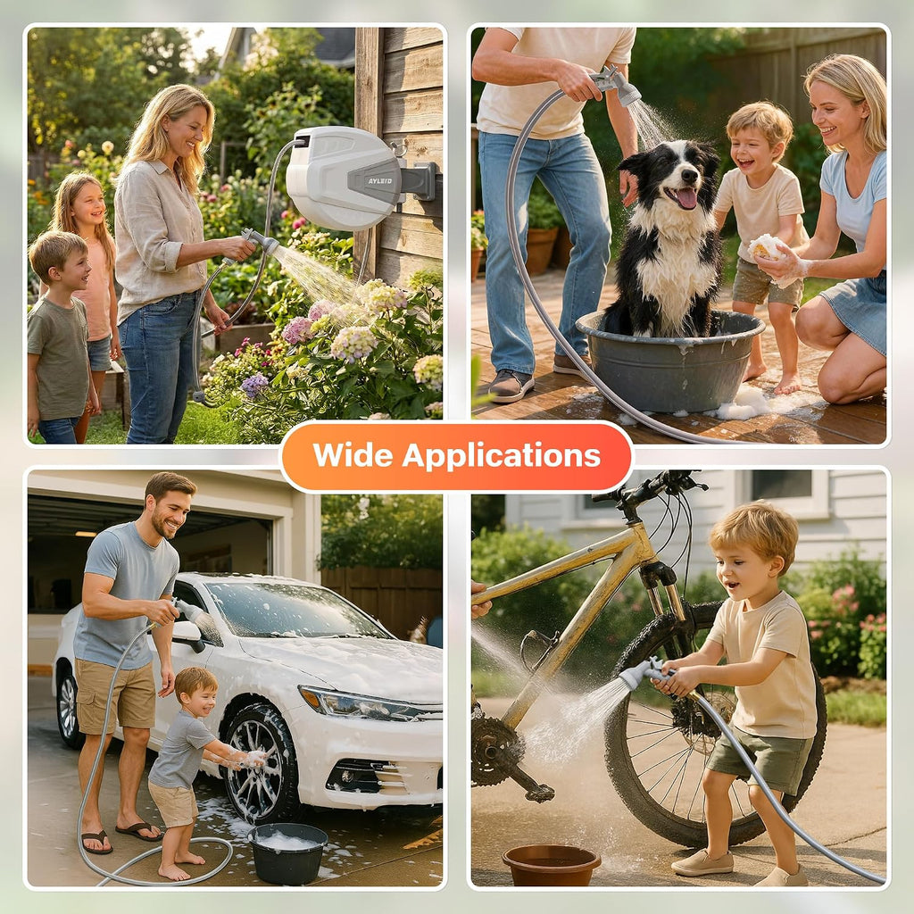Retractable Rubber Hybrid Garden Hose Reel, 1/2"X100Ft Wall Mount | Anti-Freeze, Kink-Free Premium Rubber Hybrid Hose, 24-Month Warranty, 9-Pattern Sprayer, Any-Length Lock, Slow Auto-Return.