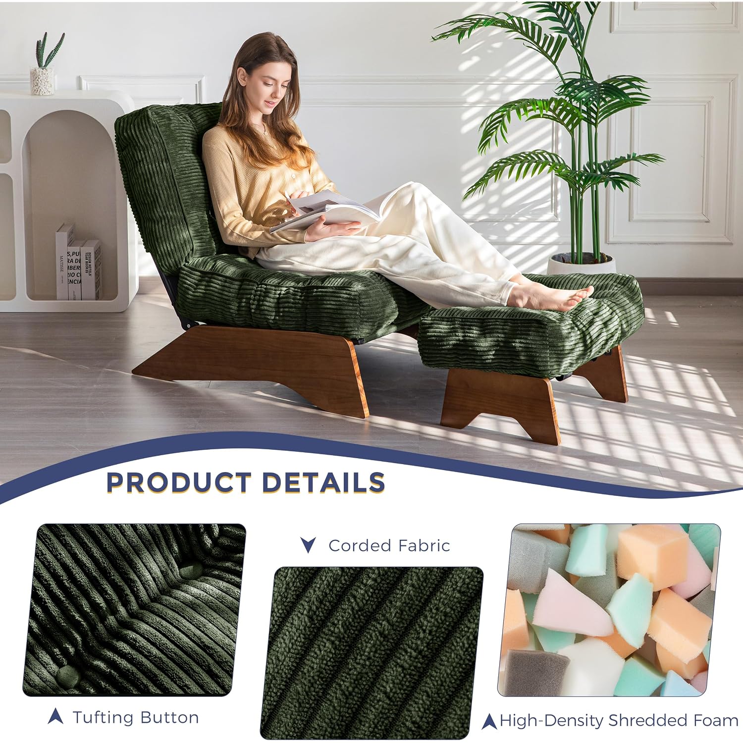 Maxyoyo Accent Chair With Ottoman Adjustable Backrest, Tufted Living Room Chair Upholstered Lounge Chair With Footrest Set, Modern Chair Cozy Reclining Chair For Reading Room, Green