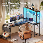 L Shaped Gaming Desk With Led Lights & Power Outlets, Reversible Computer Desk With Storage Shelves & Bag, Large Corner Home Office Desk With Pegboard For Work From Home, Black