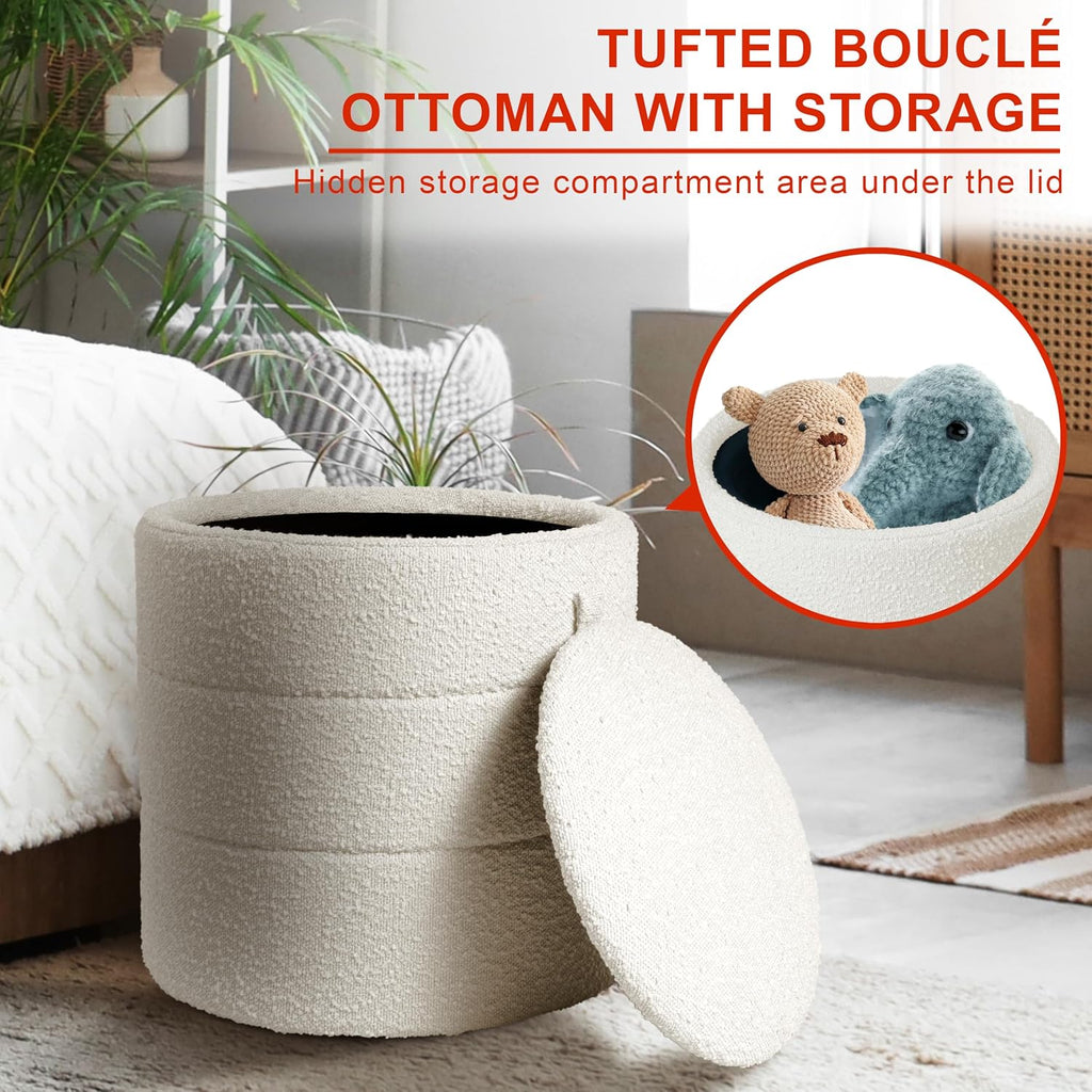Homepop 18" Storage Round Ottoman - Cream Boucle