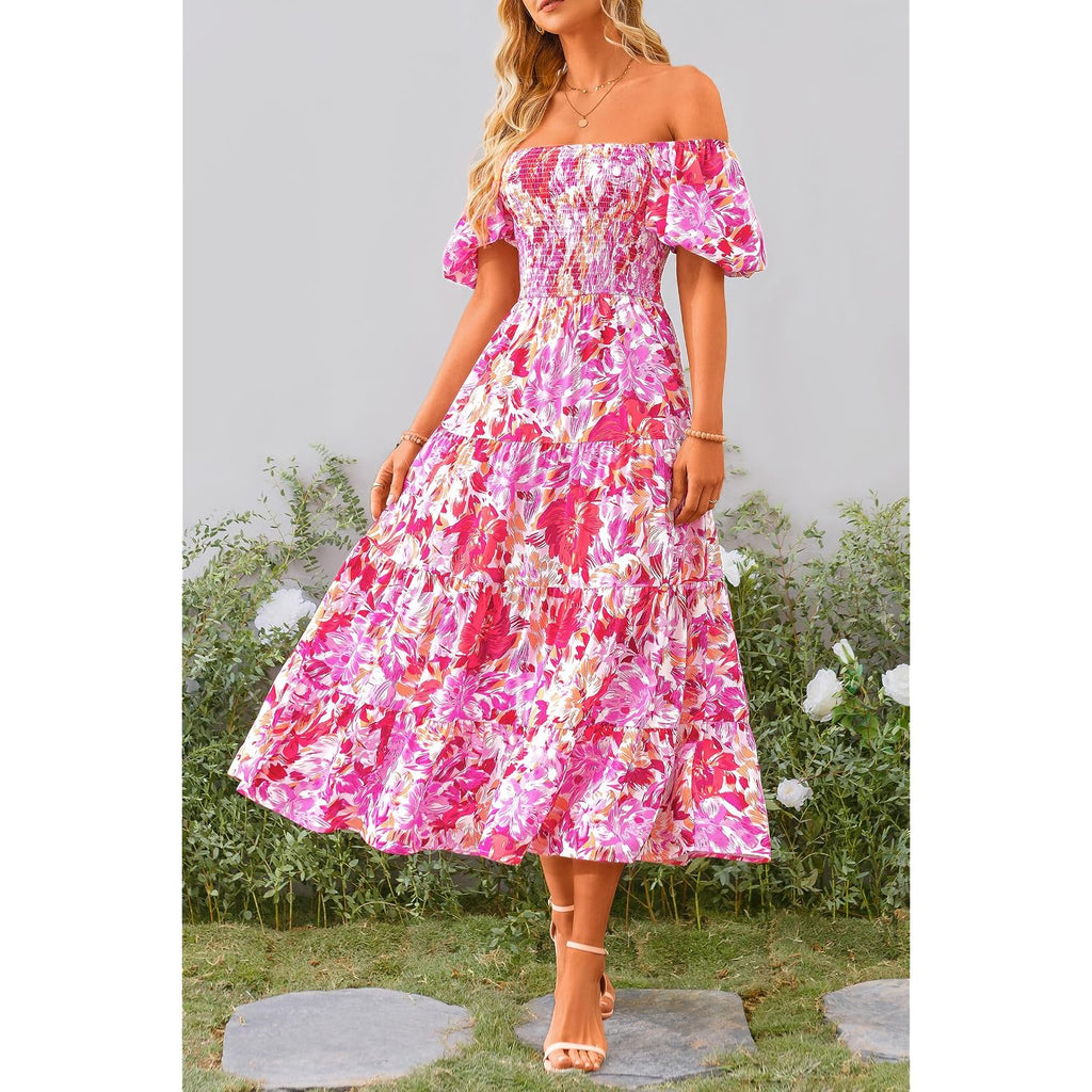 Prettygarden Women'S Casual Summer Midi Dress Puffy Short Sleeve Square Neck Smocked Tiered Ruffle Dresses