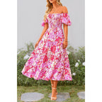 Prettygarden Women'S Casual Summer Midi Dress Puffy Short Sleeve Square Neck Smocked Tiered Ruffle Dresses