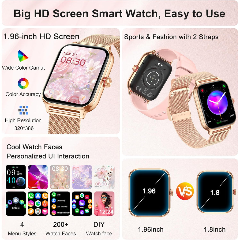 Smart Watch For Women & Men, 2026 New 1.96’’ Reloj Inteligente Para Mujer Answer/Make Calls, Blood Pressure, Hr, Sleep Monitor, 110+ Sport Modes, Voice Assistant Fitness Watch For Ios Android Phone
