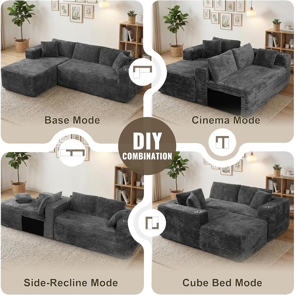 Shintenchi 103" Boneless Couches For Living Room With 2 Cup Holders,L Shaped Modular Sectional Sofa Set,No Assembly Needed Plush Corduroy Living Room Set,Dark Gray