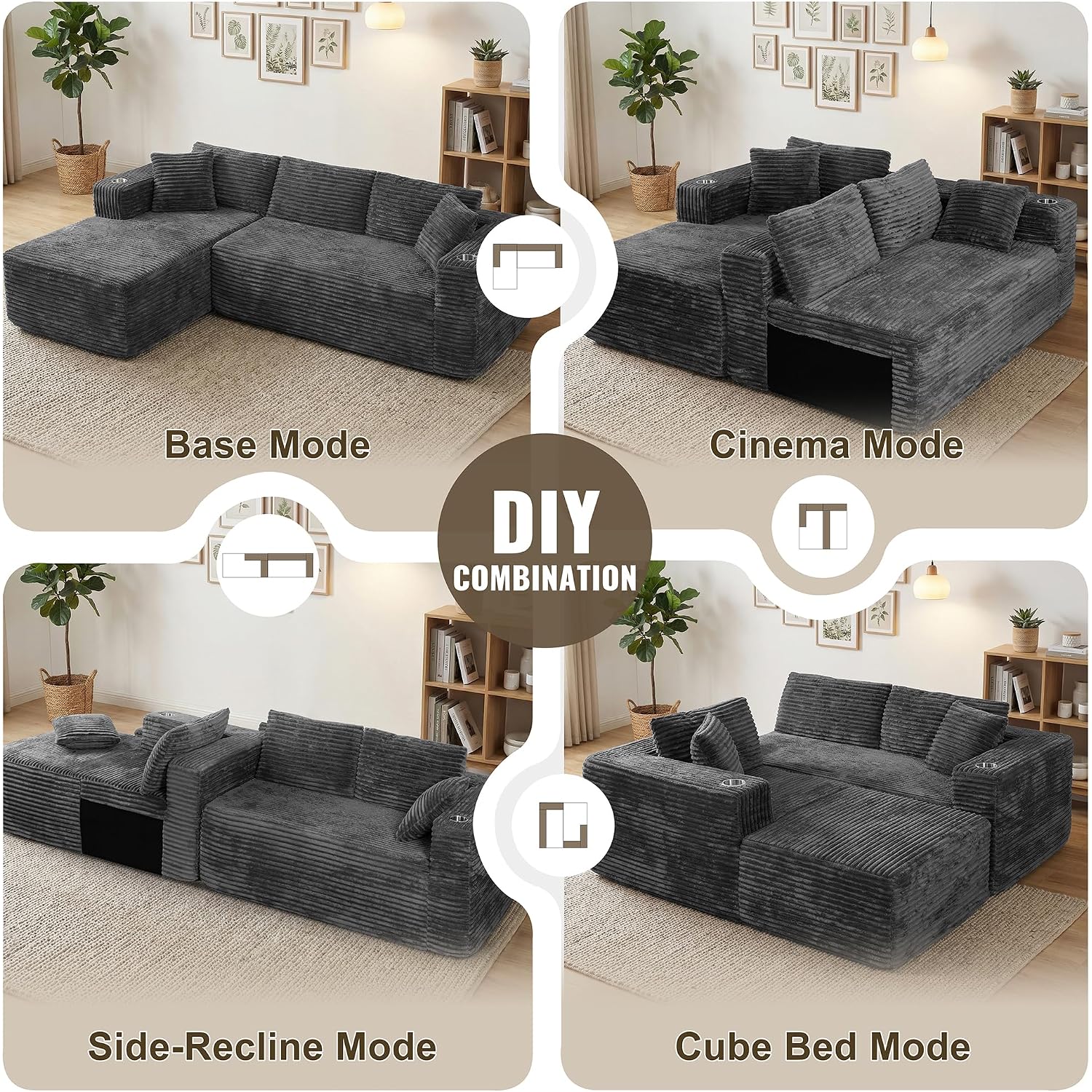 Shintenchi 103" Boneless Couches For Living Room With 2 Cup Holders,L Shaped Modular Sectional Sofa Set,No Assembly Needed Plush Corduroy Living Room Set,Dark Gray