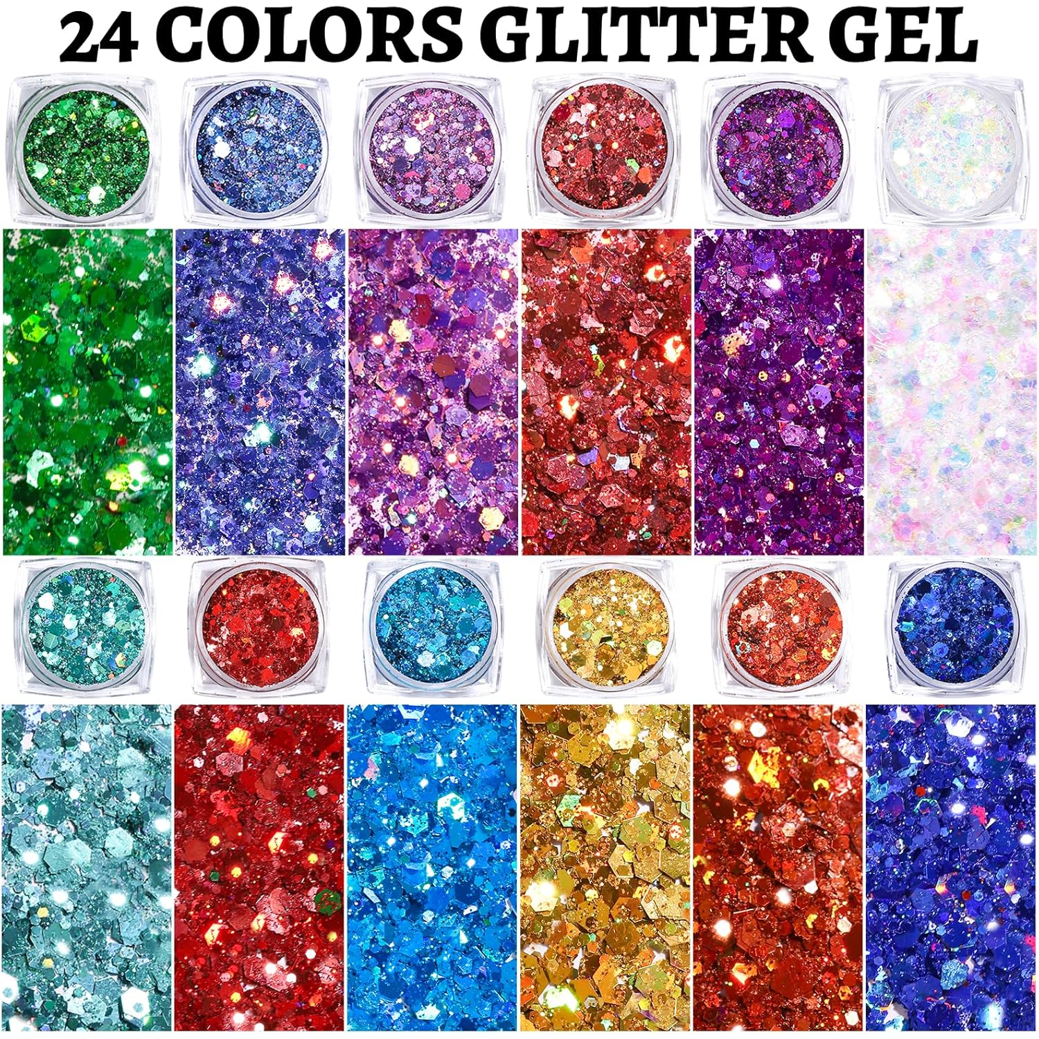 Teenitor 24 Colors Body & Hair Glitter Gel - Face, Body, Hair Glitter for Halloween Makeup Festival