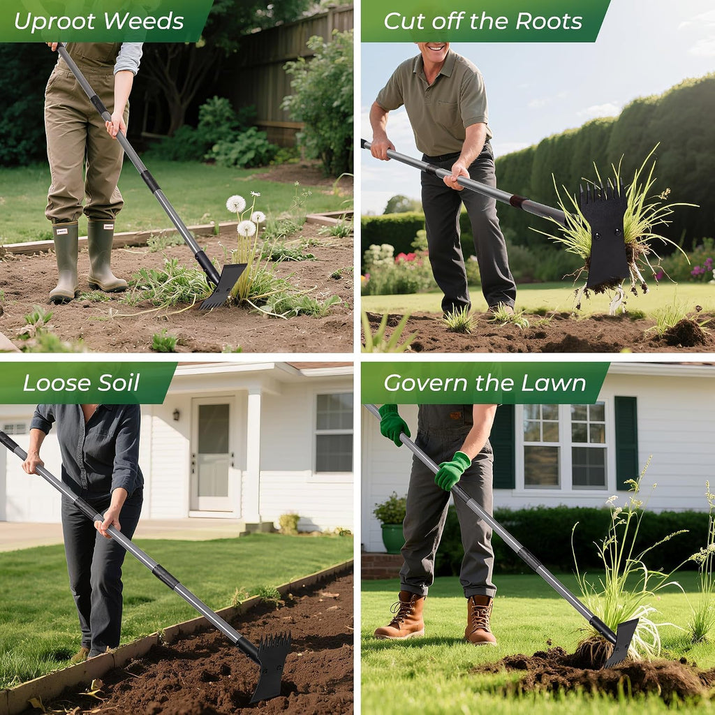 Walensee 2-In-1 Weed Puller Tool And Garden Hoe, Long Handle Weed Rake | Durable 3.5Mm Steel Head, 64-Inch Adjustable Handle. Ergonomic Design Relieves Back Strain While Removing Deep-Rooted Weeds.
