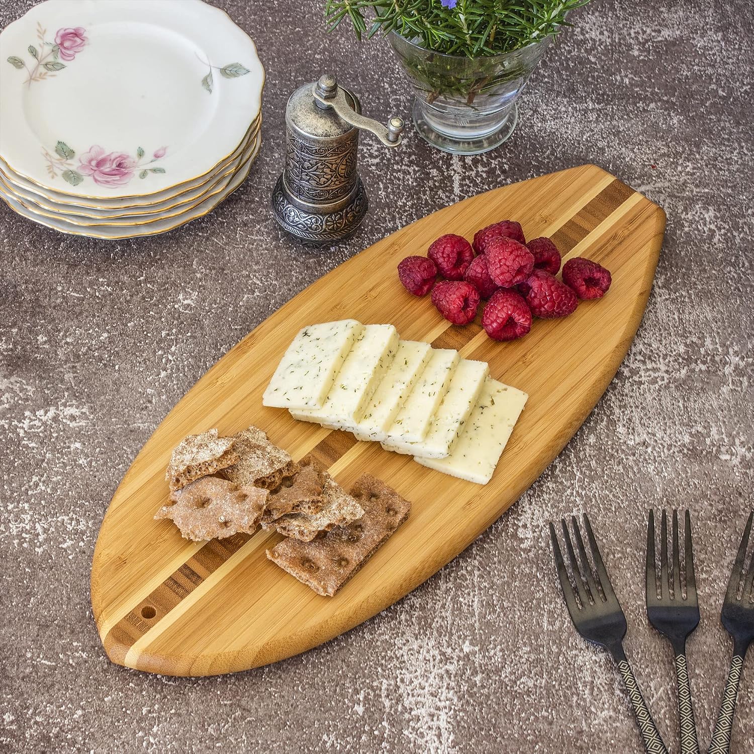 Totally Bamboo Lil Surfer Small Surfboard Cutting Board And Charcuterie Board, Bamboo Serving Platter With Wall Hang Tie, 14.5" X 6"
