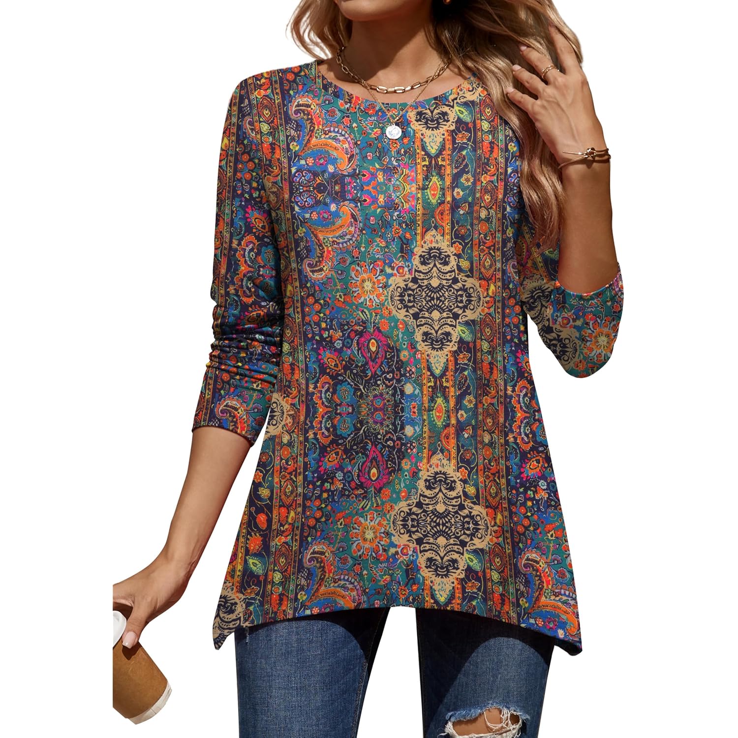 Long Sleeve Tops for Women Dressy Casual Sweatshirt Flowy Tunic with Asymmetrical Hem Crewneck Fall Clothes
