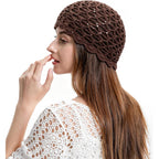 Zlyc Women Crochet Beanie Handmade Knit Flower Shiny Summer Vintage Skull Hat