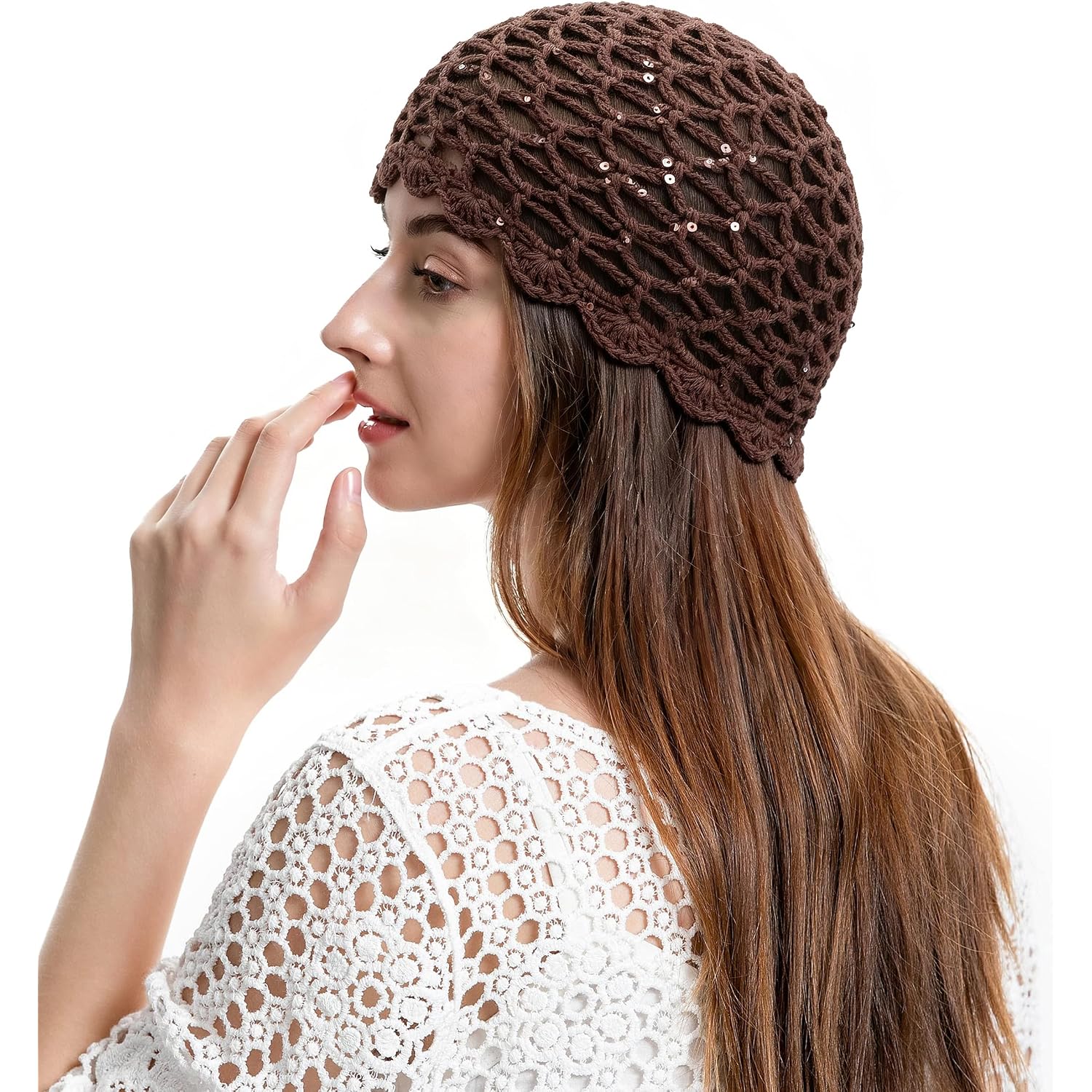 Zlyc Women Crochet Beanie Handmade Knit Flower Shiny Summer Vintage Skull Hat