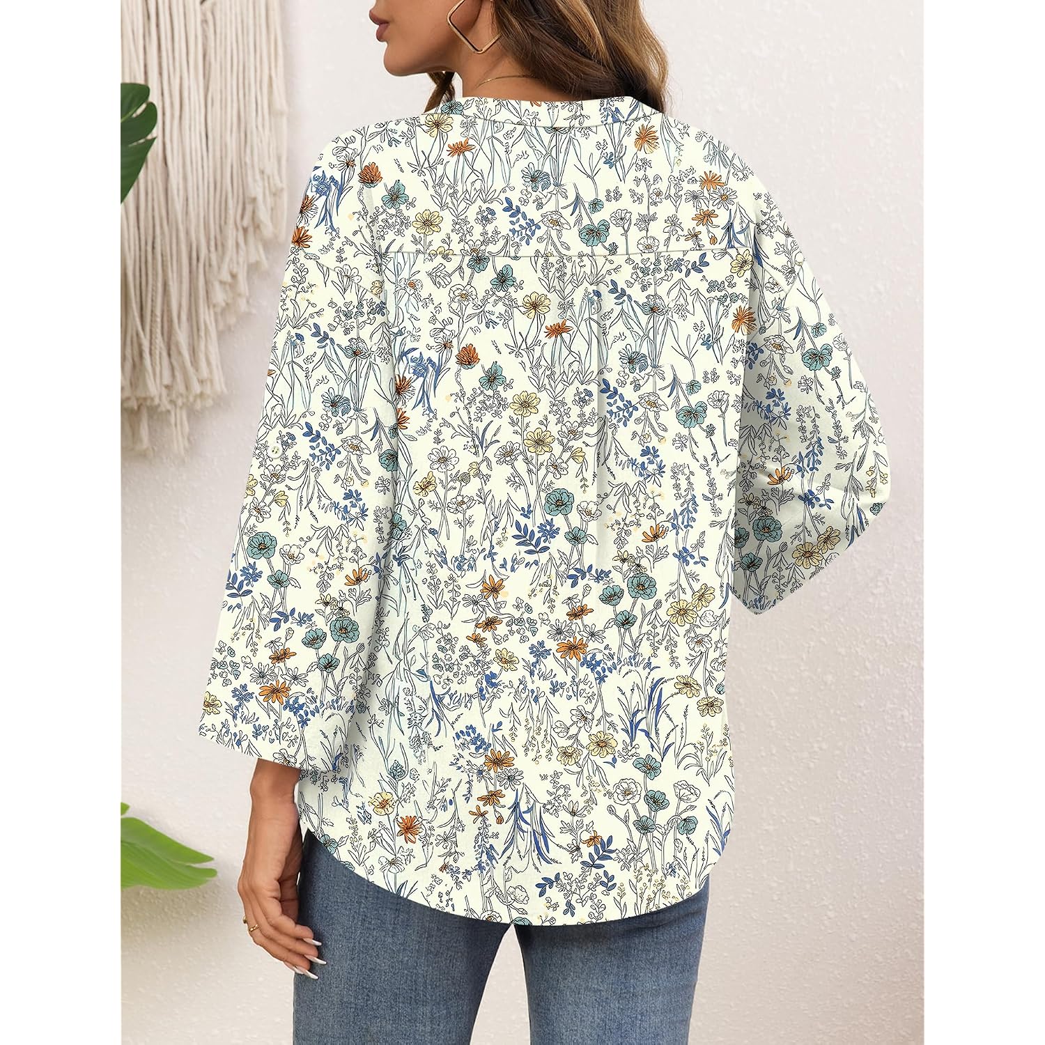 LOMON Women's Button Down Shirts 3/4 Length Sleeve Tops Casual Work Shirt with Pocket S-XXL