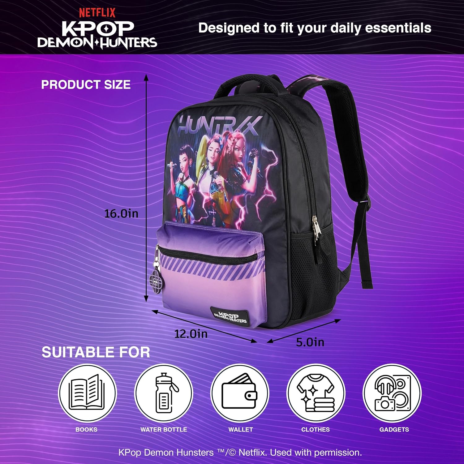Ai Accessory Innovations K-Pop Demon Hunters Huntrix 16” Backpack For Girls, Featuring Rumi, Zoey, Mira, Rubber Molded Bag Charm, Huntrix
