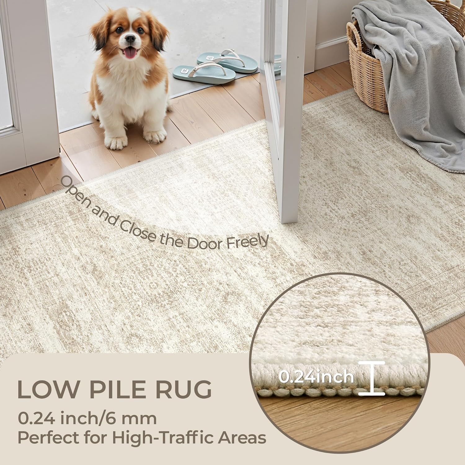 Rug Runners for Hallways Non Slip - 2x8 Runner Rug for Bedroom, Washable Runner with Rubber Backing, Soft Low-Pile Carpet for Kitchen, Laundry, Bathroom (2'x8', Beige/Ivory)