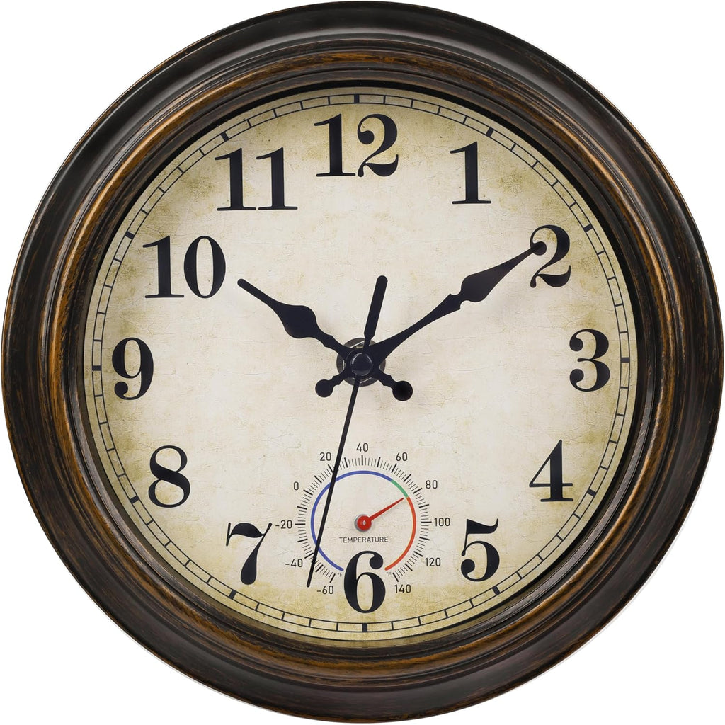 Outdoor Clocks Waterproof With Thermometer Combo Vintage Rustic Wall Clock For Patio Pool Bathroom Kitchen(8 Inch,Bronze)