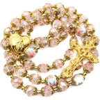 Nazareth Store Catholic Pink Crystal Beads Gold Rosary Flowers Beaded Necklace Holy Mary Heart Locket Medal & Cross Religious Amulet for Women