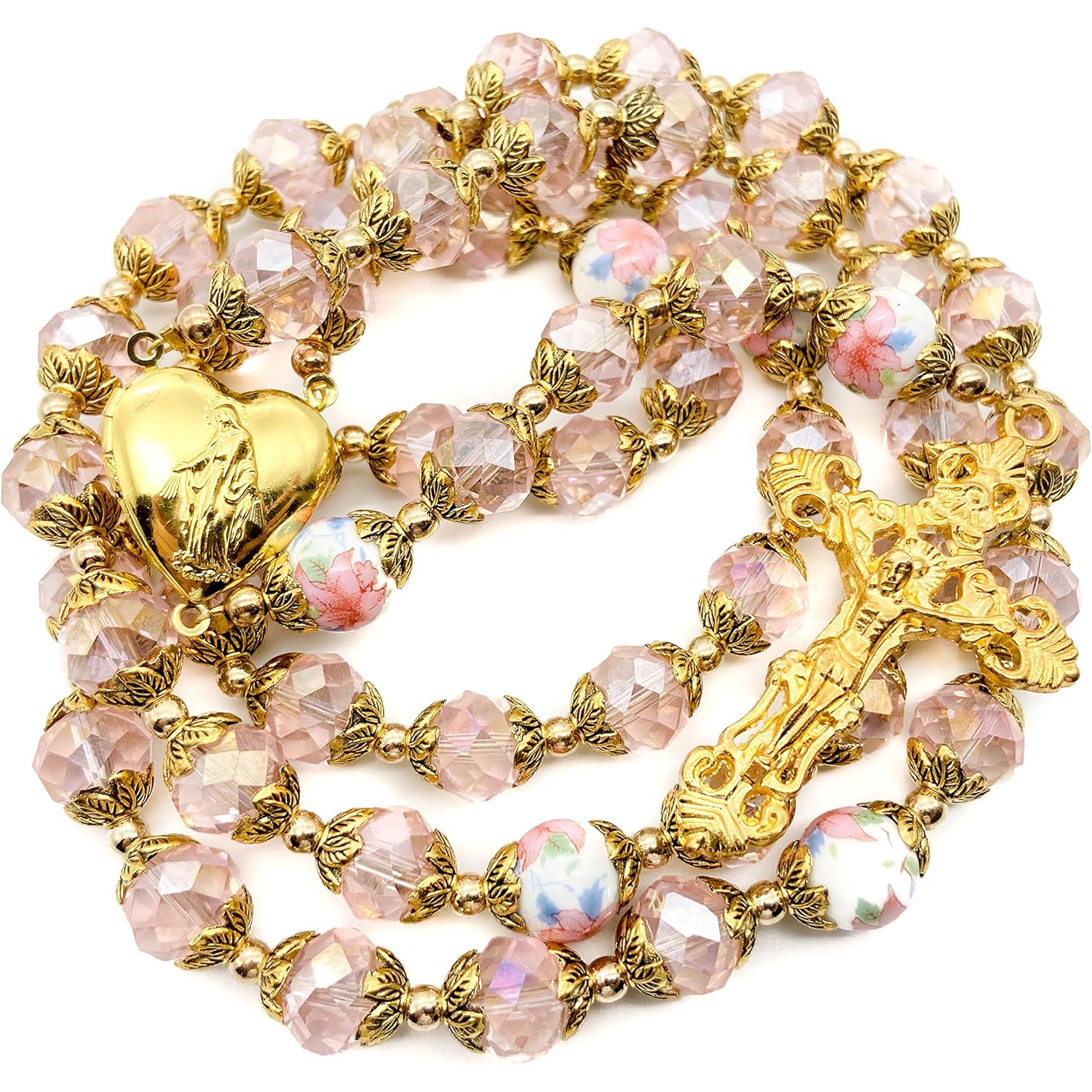 Nazareth Store Catholic Pink Crystal Beads Gold Rosary Flowers Beaded Necklace Holy Mary Heart Locket Medal & Cross Religious Amulet for Women