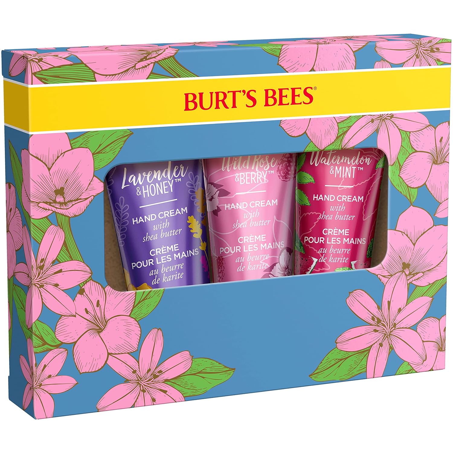 Burt's Bees Spring Gift, 3 Moisturizing Self Care Gifts, Shea Butter Hand Cream Trio Spring Set - Lavender & Honey, Wild Rose & Berry and Watermelon & Mint (Packaging May Vary)