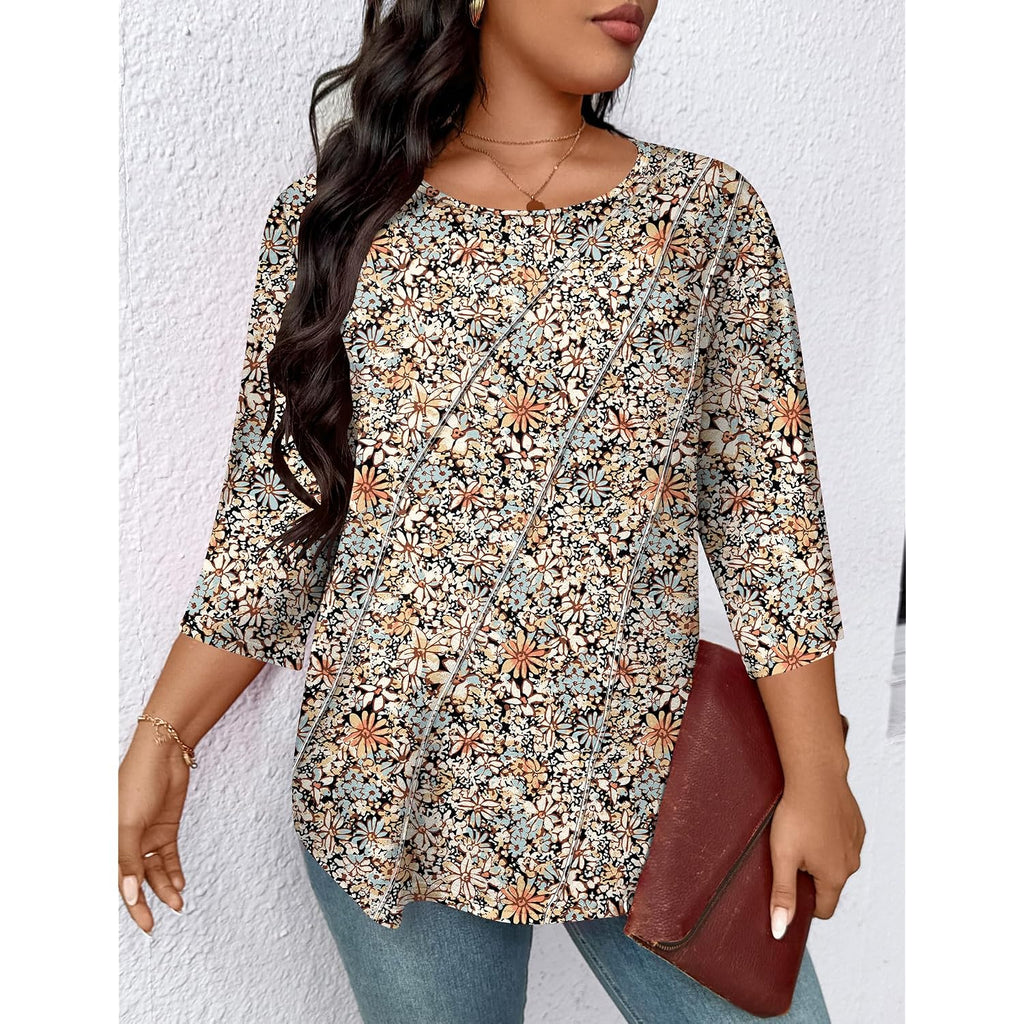 Lomon Womens Plus Size Tops 3/4 Length Sleeve Womens Tops Pleated Crewneck Fall Shirts Summer Blouses 2026 (1X-5X)