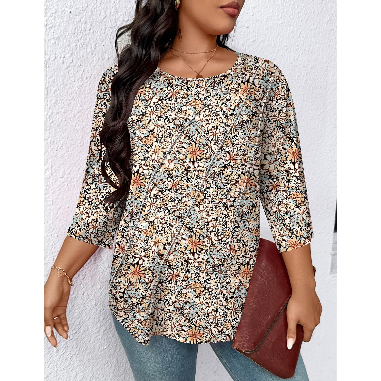 Lomon Womens Plus Size Tops 3/4 Length Sleeve Womens Tops Pleated Crewneck Fall Shirts Summer Blouses 2026 (1X-5X)