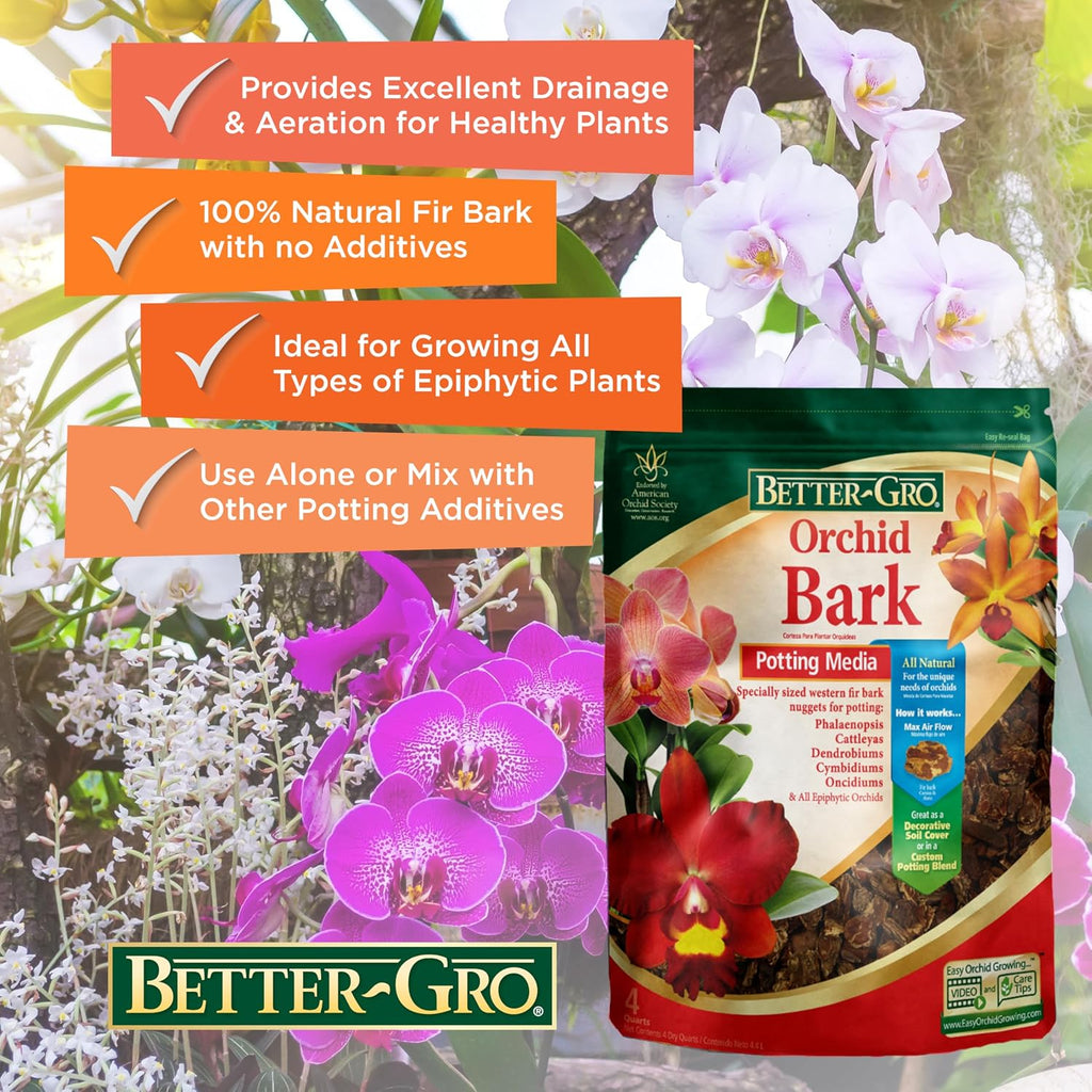 Better-Gro Orchid Bark - Premium Grade Orchid Potting Medium For Potting, Repotting, Root Development, And Water Retention, Ideal For Phalaenopsis, Epiphytic Orchids, And Tropical Plants - 4 Quarts