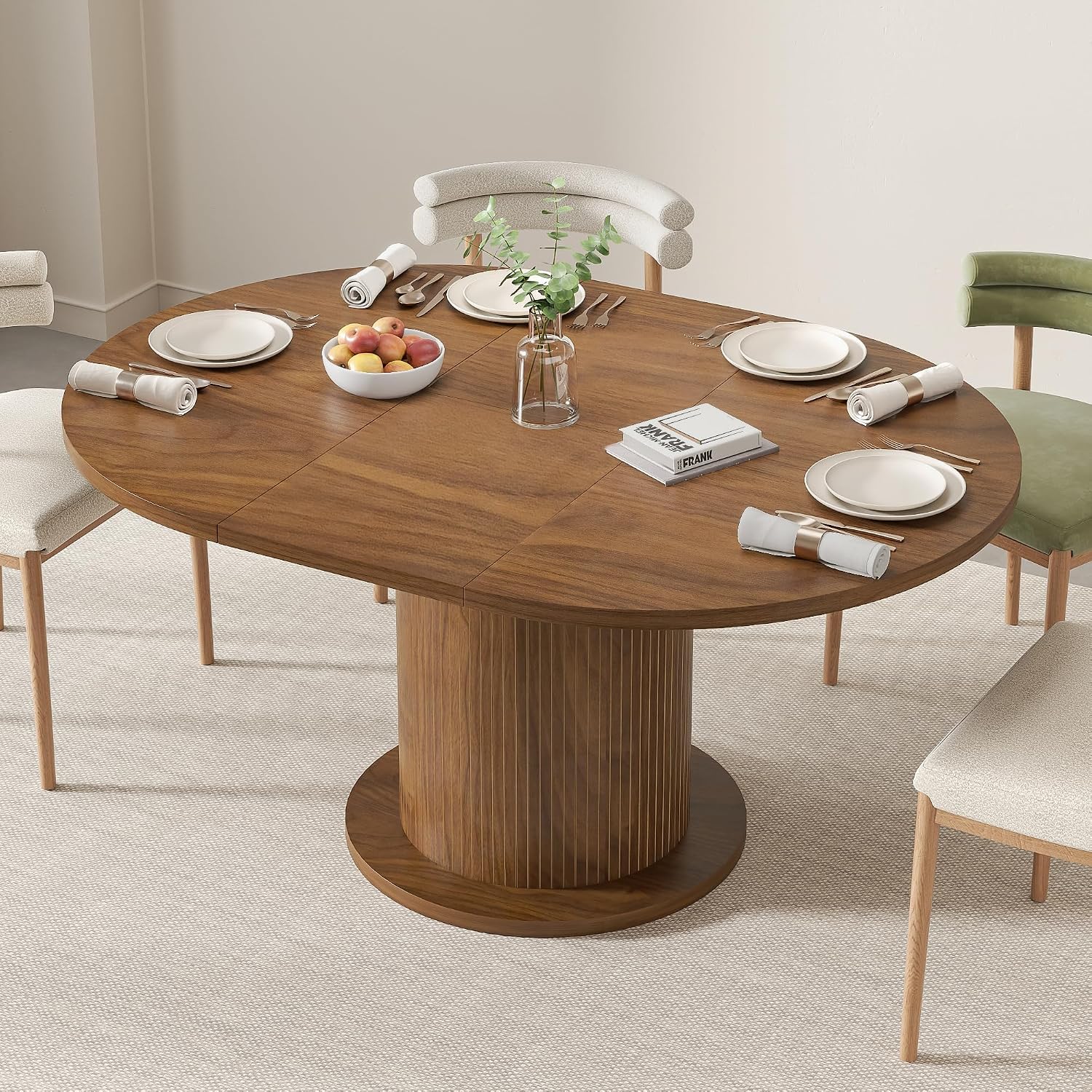 43.3 Inch 59 Inch Adjustable Size Round Dining Table For 4 6, Unique Design Modern Farmhouse Kitchen Table, Circle Dining Tables With Wood Strip Base For Kitchen Living Room (Walnut)