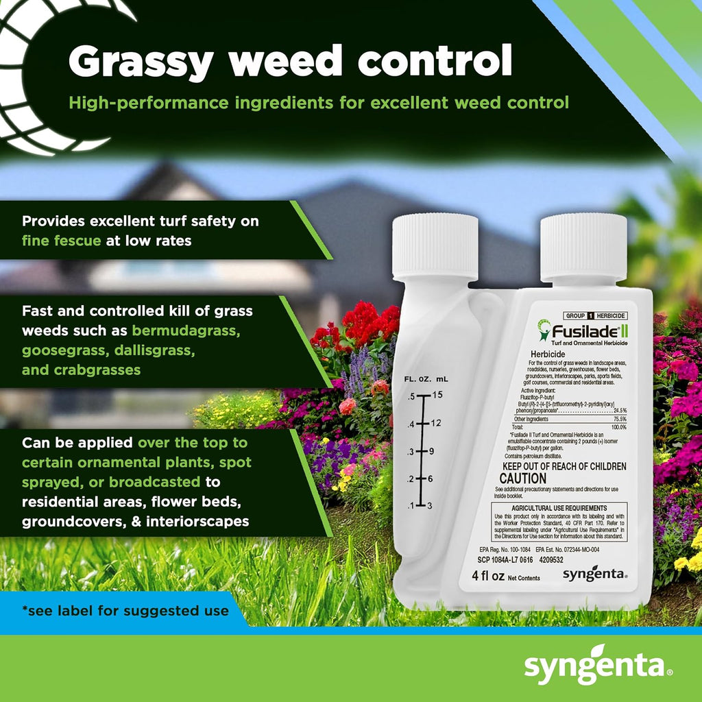 Syngenta Fusilade Ii Herbicide - Grass Weed Killer Spray For Selective Control In Turf & Landscapes, Safe On Ornamentals, Fast Acting Weed Control For Nurseries & Sports Fields - 4 Oz