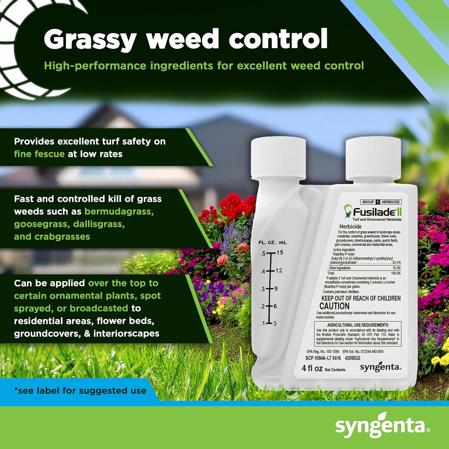 Syngenta Fusilade Ii Herbicide - Grass Weed Killer Spray For Selective Control In Turf & Landscapes, Safe On Ornamentals, Fast Acting Weed Control For Nurseries & Sports Fields - 4 Oz