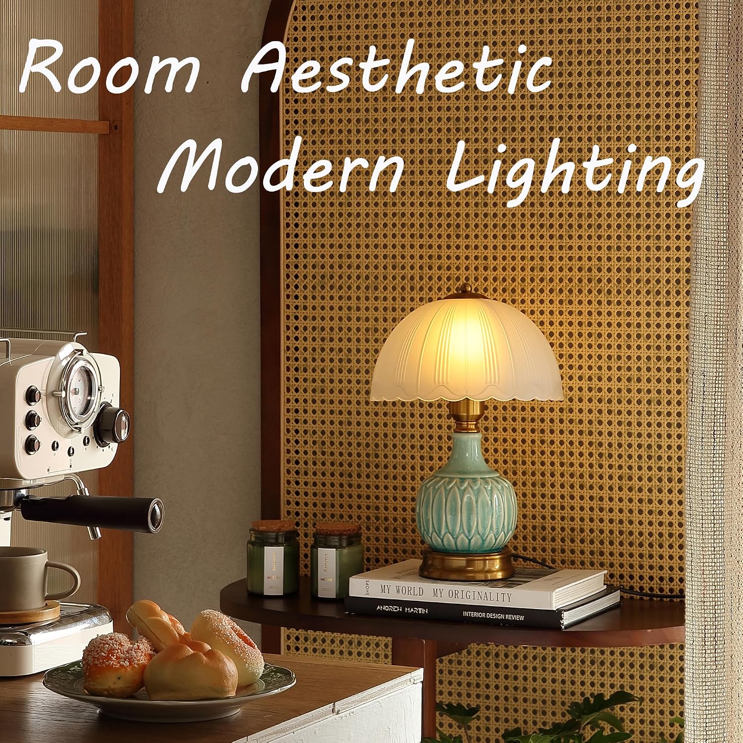 Glivpny Vintage Table Lamp For Living Room,16" Mid Century Modern Ceramic Lamps For Bedroom,Retro Bedside Nightstand Mushroom Glass Lamps, Classic Chinoiserie Green Lamp For Home Decor (Ld002)