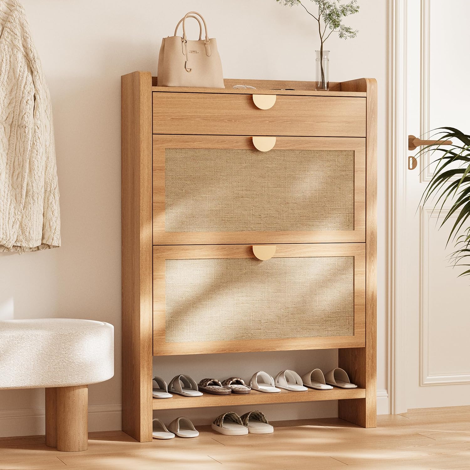 Rattan Shoe Storage Cabinet, Shoe Organizer With 2 Flip Drawers, Narrow Shoe Cabinet, Free Standing Hidden Shoe Storage, Shoe Rack For Entryway/Hallway/Closet, Natural Oak