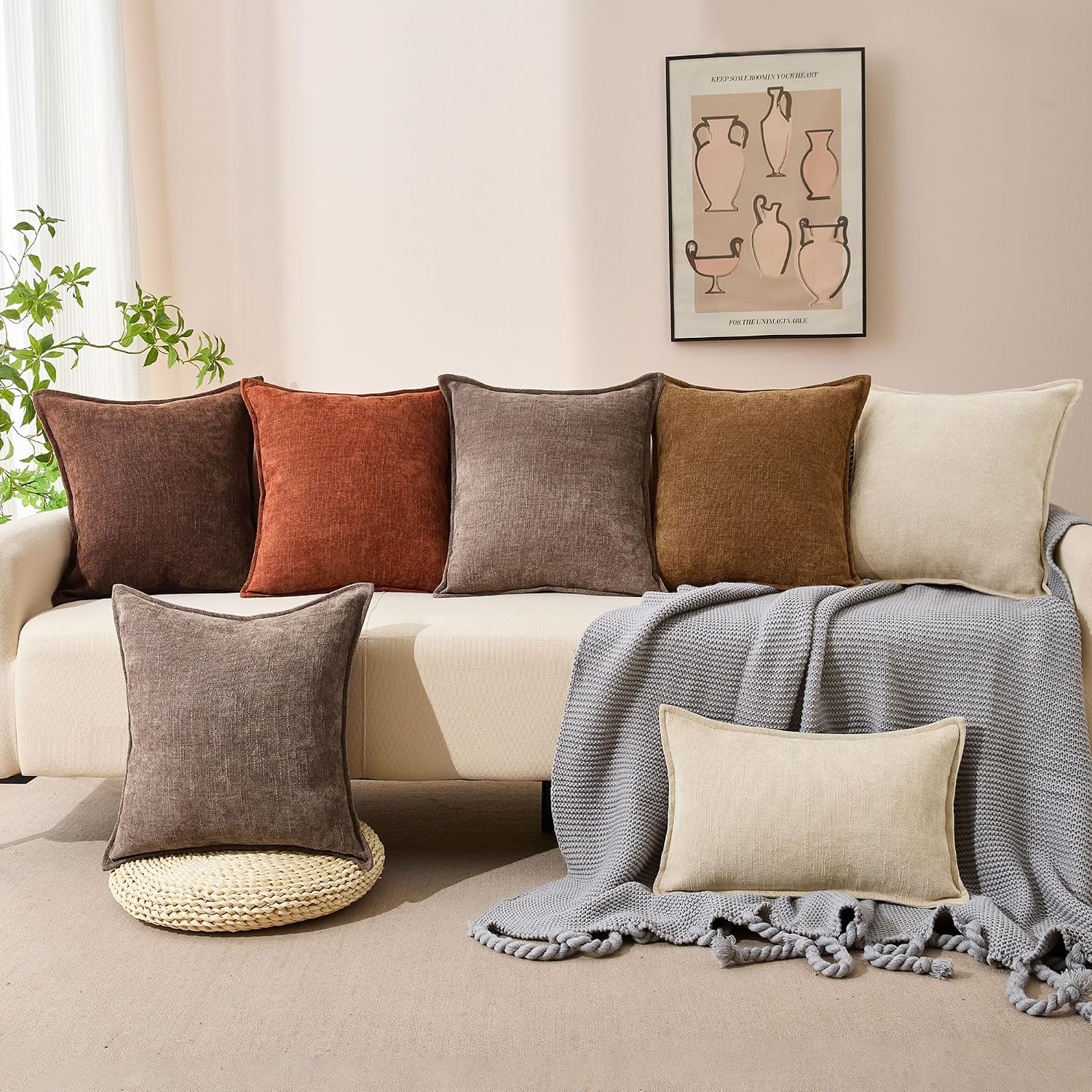 20X20 Set Of 2 Decorative Throw Pillow Covers Soft Cozy Cocoa Brown Chenille Pillow Covers Neutral Textured Solid Cushion Covers For Modern Farmhouse Sofa Bedroom Living Room Decor Sy014-B20
