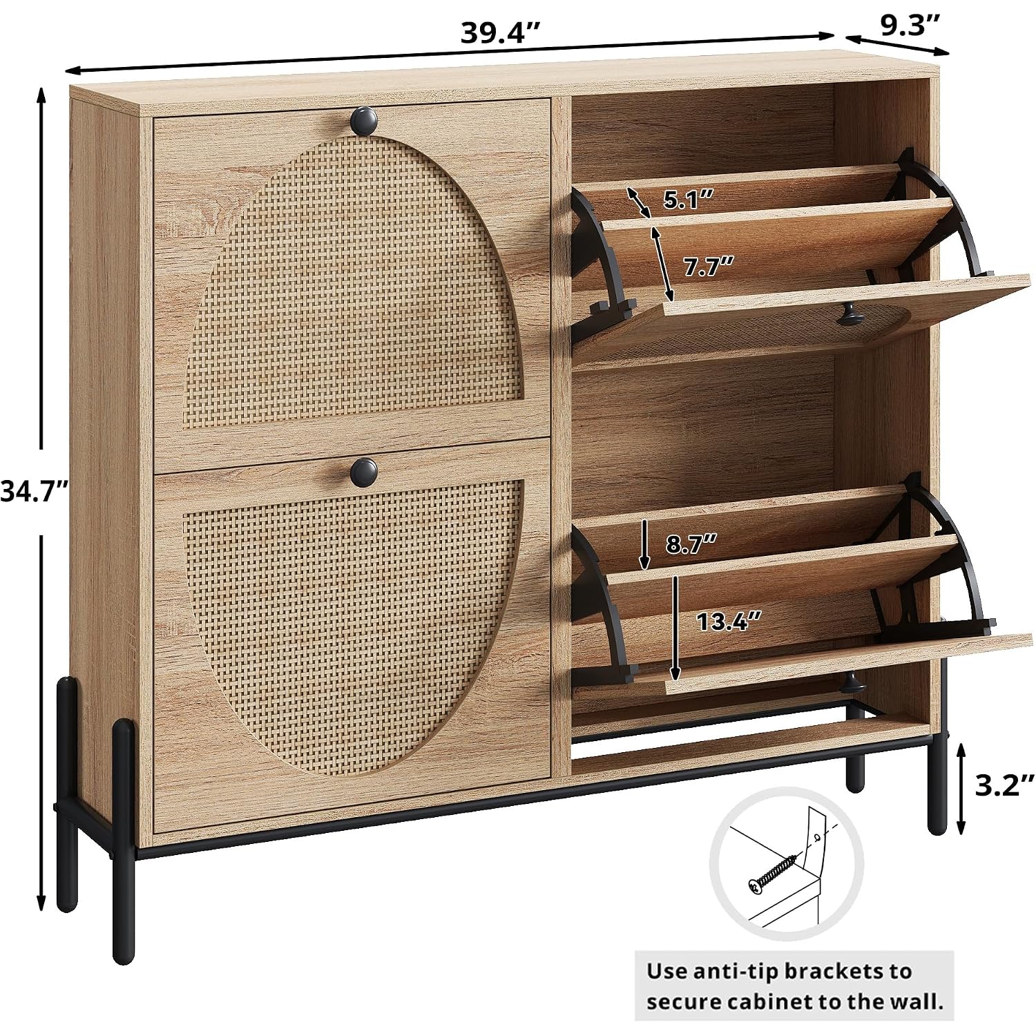 Ironck Rattan Shoe Cabinet Storage With 4 Flip Drawers, Freestanding Shoe Storage Organizer Cabinet For Entryway, Narrow Shoe Rack Cabinet, Oak