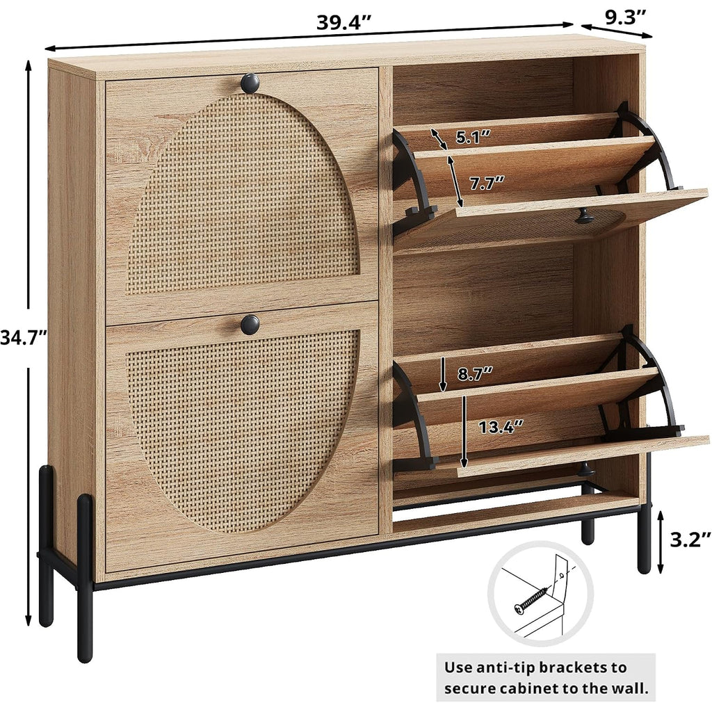 Ironck Rattan Shoe Cabinet Storage With 4 Flip Drawers, Freestanding Shoe Storage Organizer Cabinet For Entryway, Narrow Shoe Rack Cabinet, Oak