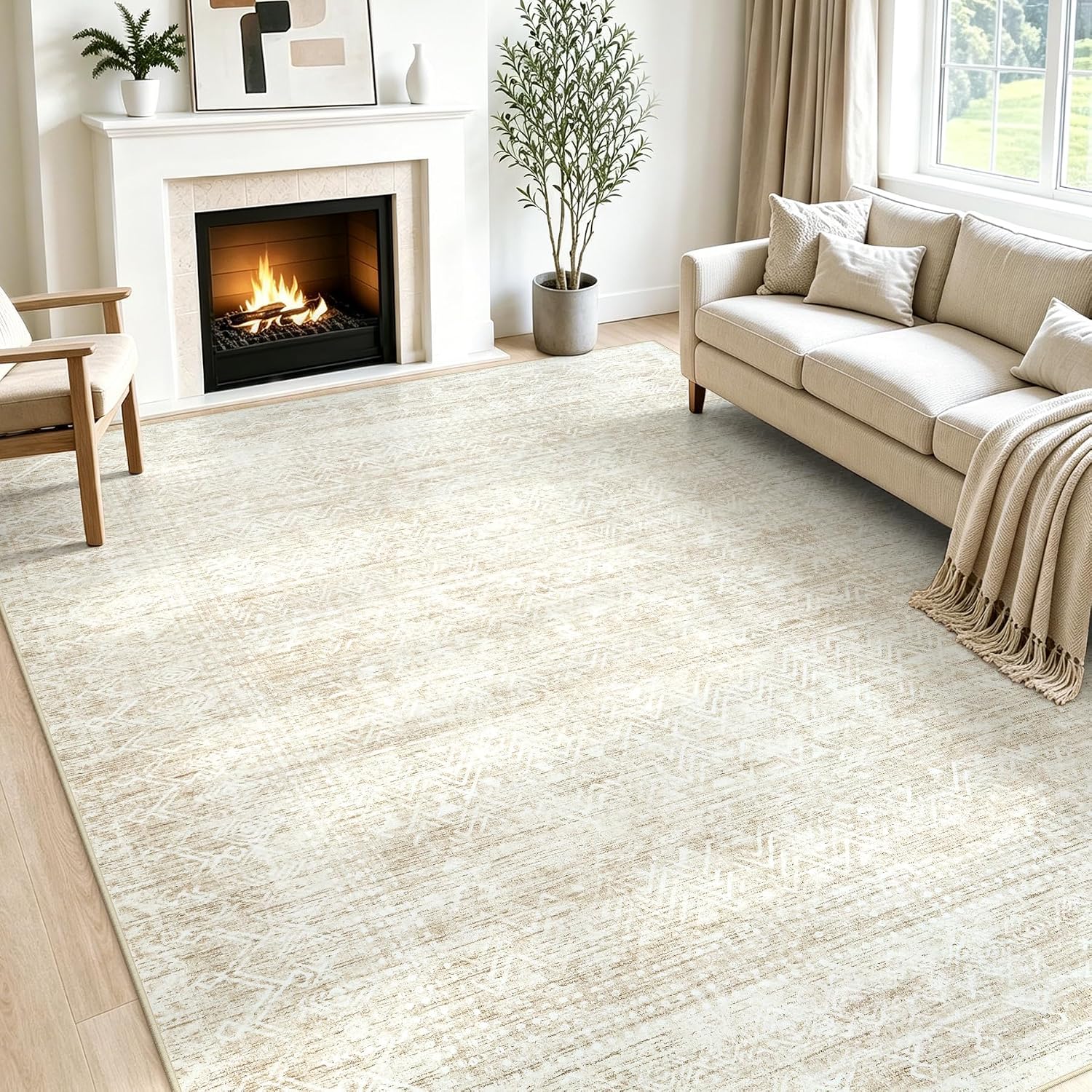 8X10 Area Rug For Living Room, Washable Moroccan Geometric Rug Soft Non-Slip Rubber Vintage Boho Large Rug, Low Pile Farmhouse Carpet For Bedroom Dining Room Nursery Modern Office (Beige, 8'X10')