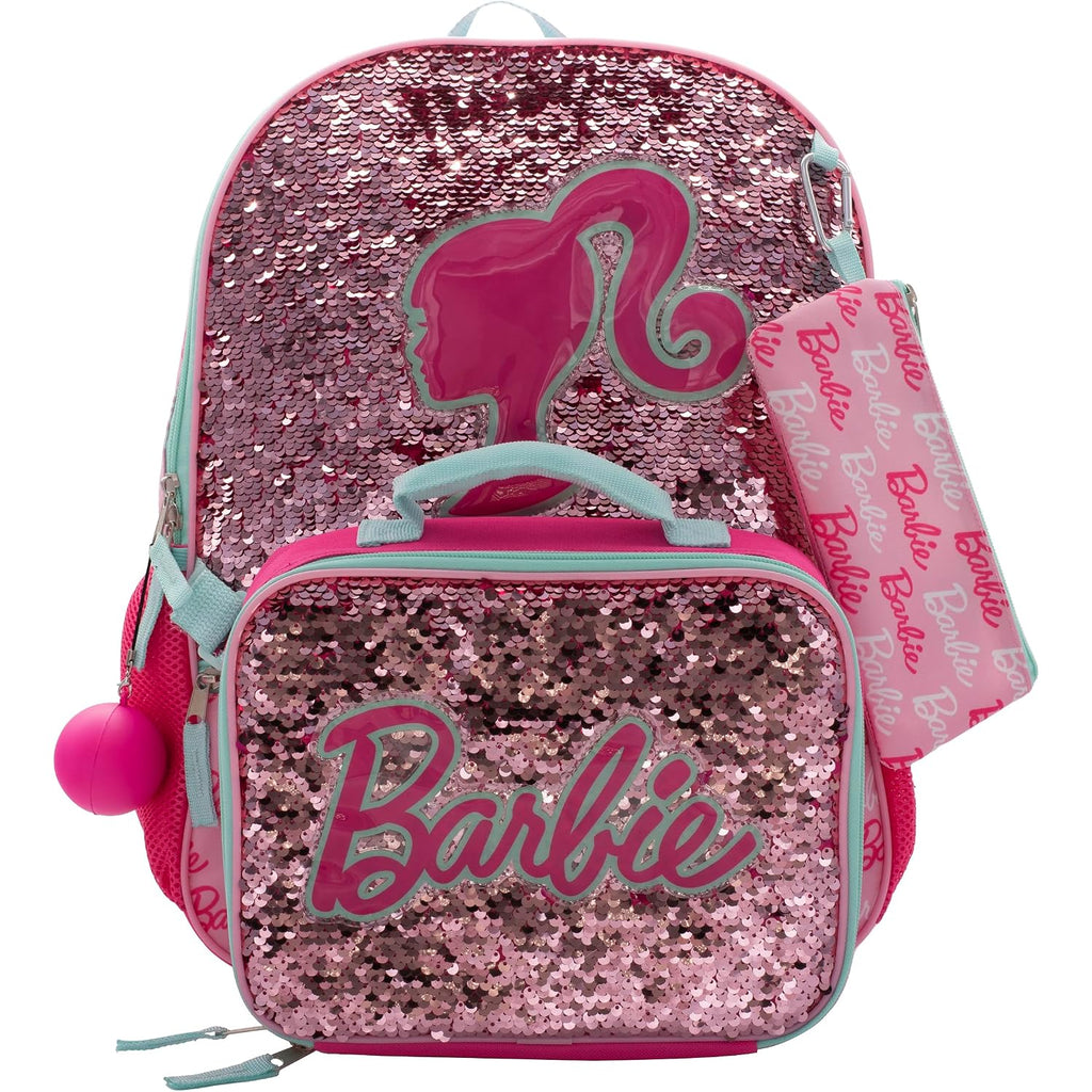 Ai Accessory Innovations Barbie 4 Piece Backpack Set, Sparkle & Shine With This Magic Flip Sequin School Bag For Girls With Zip Front Pocket, Pink