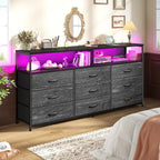 55" W Dresser For Bedroom With 9 Drawers Led Tv Stand With Power Outlets For 45, 55, 65 Inch Tv Sturdy Long Chest Of Drawers With Extra 2 Wooden Shelves Steel Frame Grain Black
