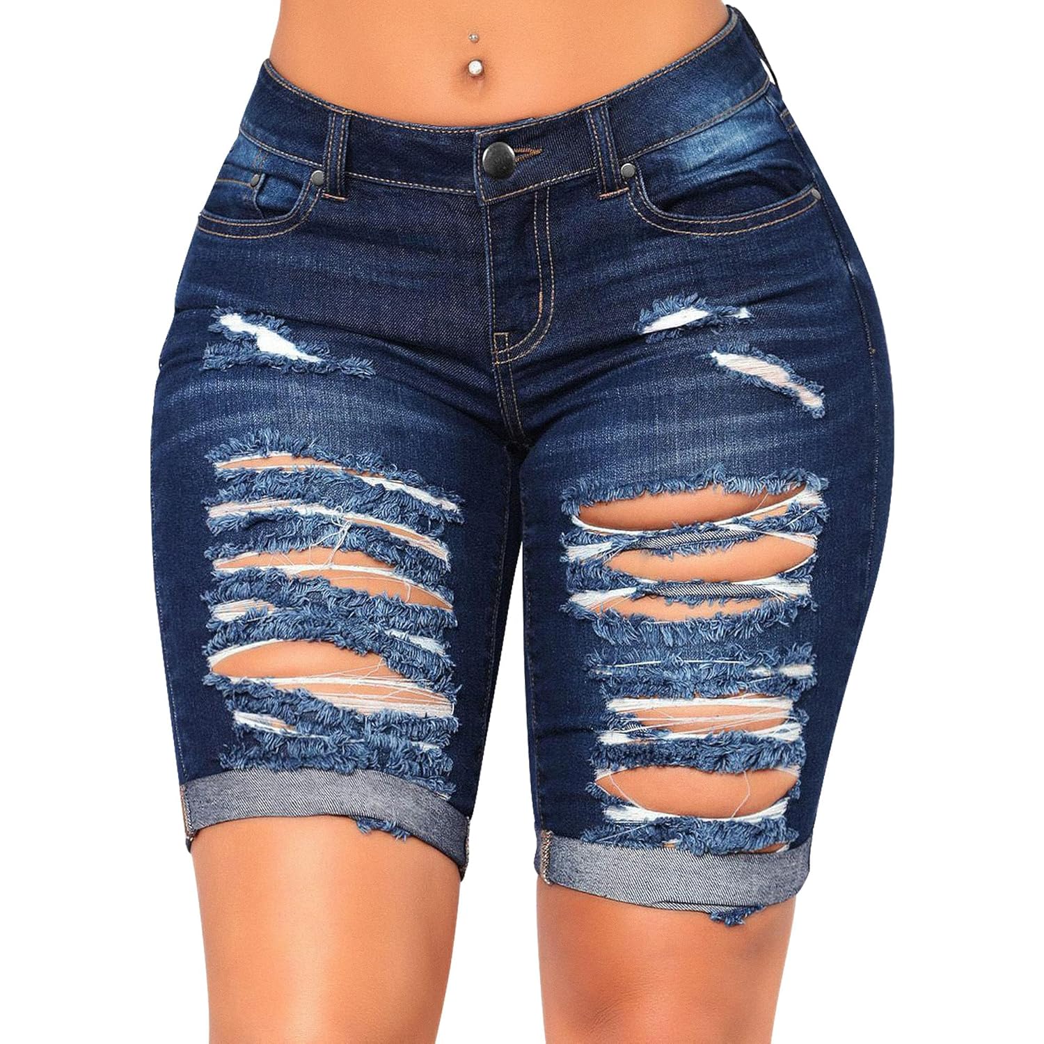 Women's Distressed Knee Length Ripped Stretchy Jean Shorts