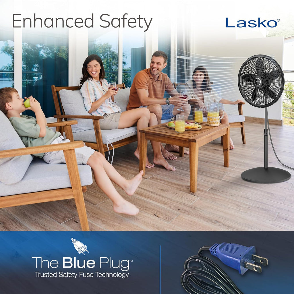 Lasko Pedestal Fan, Oscillating Fan For Bedroom With Adjustable Height And 3 Cooling Speeds, Portable, 18", Black, 1827