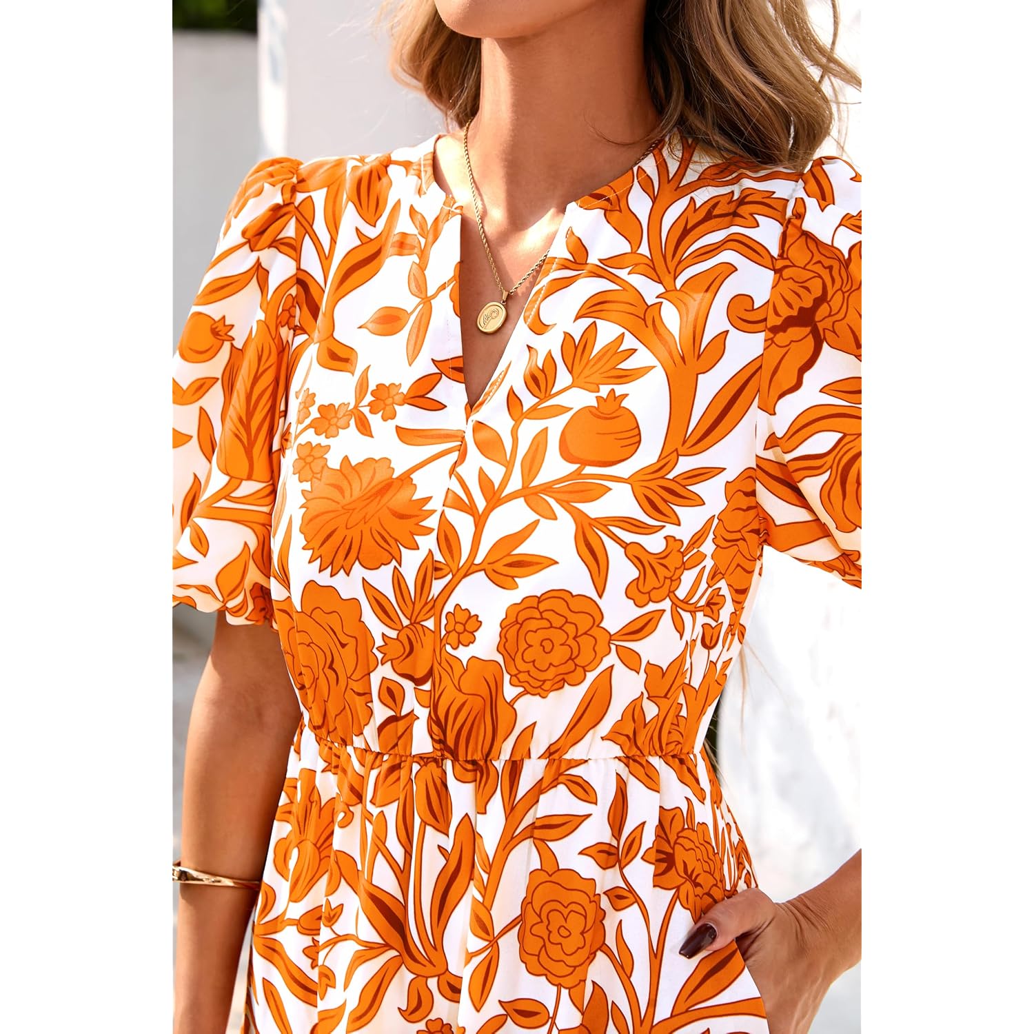 Dowerme Womens Summer Dresses 2026 Casual Puff Short Sleeve V Neck Floral Boho Tiered Ruffle Maxi Dress With Pockets