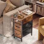 Huuger Narrow End Table With Charging Station, Flip Top Side Table With 2 Fabric Drawers, Slim Night Stand With Usb-C Port For Small Spaces, Nightstand Bedside Couch Table, Living Room, Rustic Brown