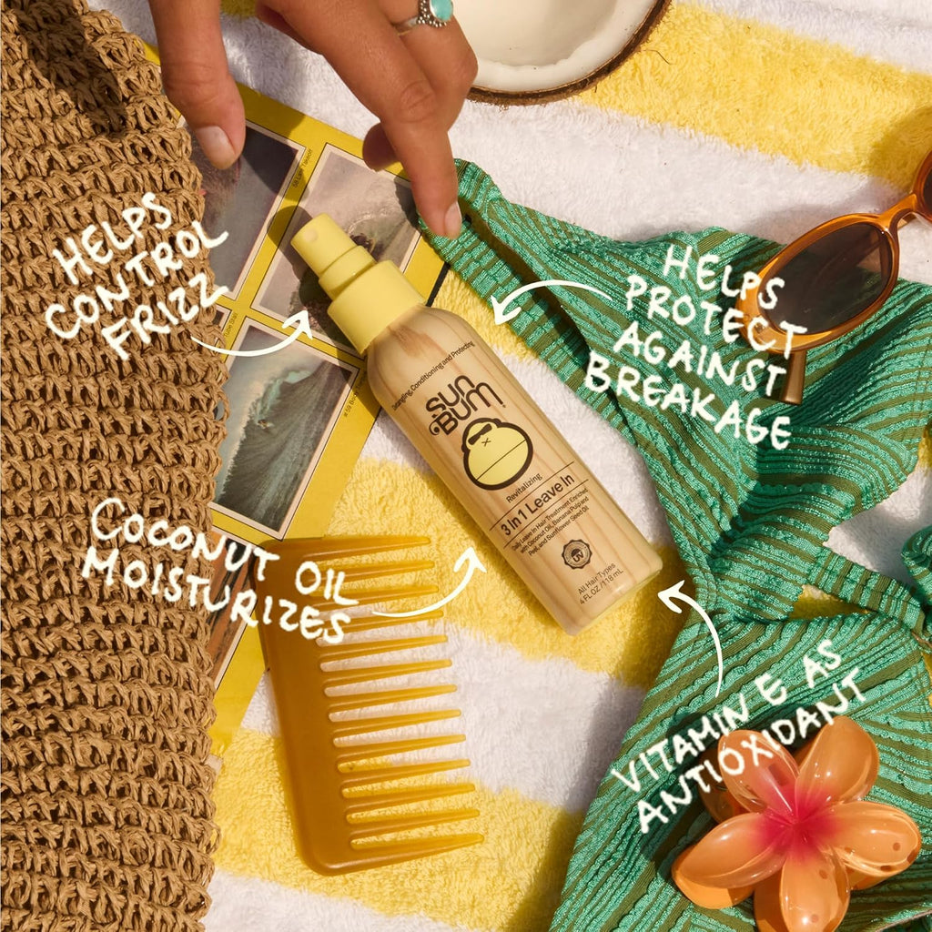 Sun Bum Revitalizing 3 in 1 Leave In Conditioner - Anti Frizz Detangler - Color Friendly with UV Protection - Enriched with Coconut Oil and Banana - 4 oz
