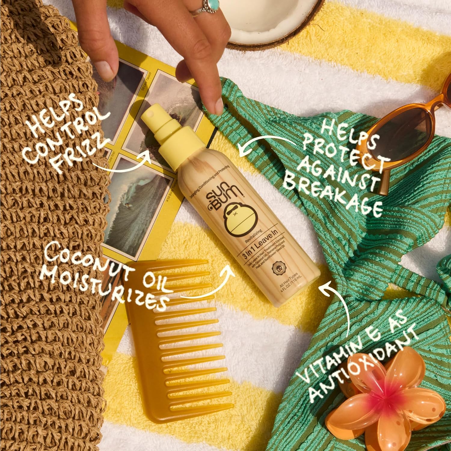 Sun Bum Revitalizing 3 in 1 Leave In Conditioner - Anti Frizz Detangler - Color Friendly with UV Protection - Enriched with Coconut Oil and Banana - 4 oz