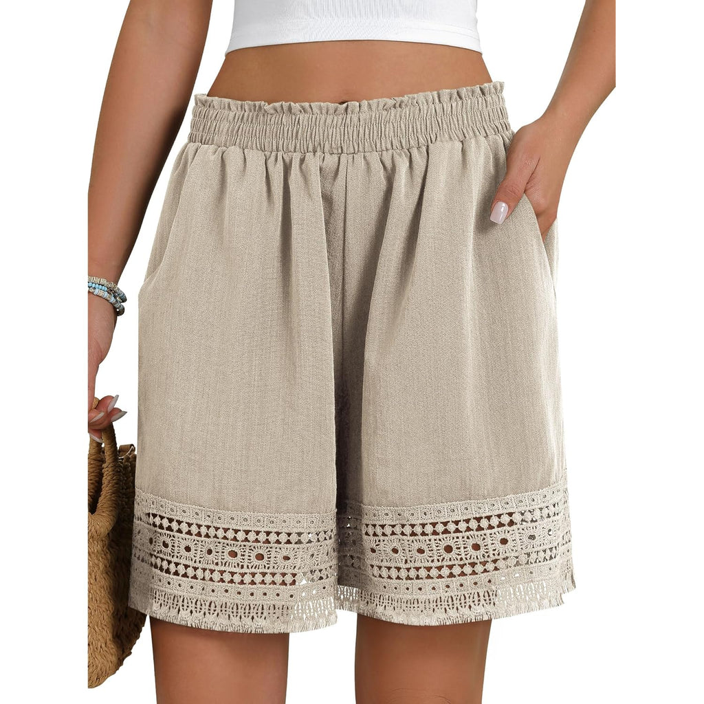 Women's Casual Elastic Waist Lounge Shorts Comfy Stretch Lace Trim Summer Beach Linen Ruffle Shorts