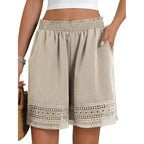 Women's Casual Elastic Waist Lounge Shorts Comfy Stretch Lace Trim Summer Beach Linen Ruffle Shorts