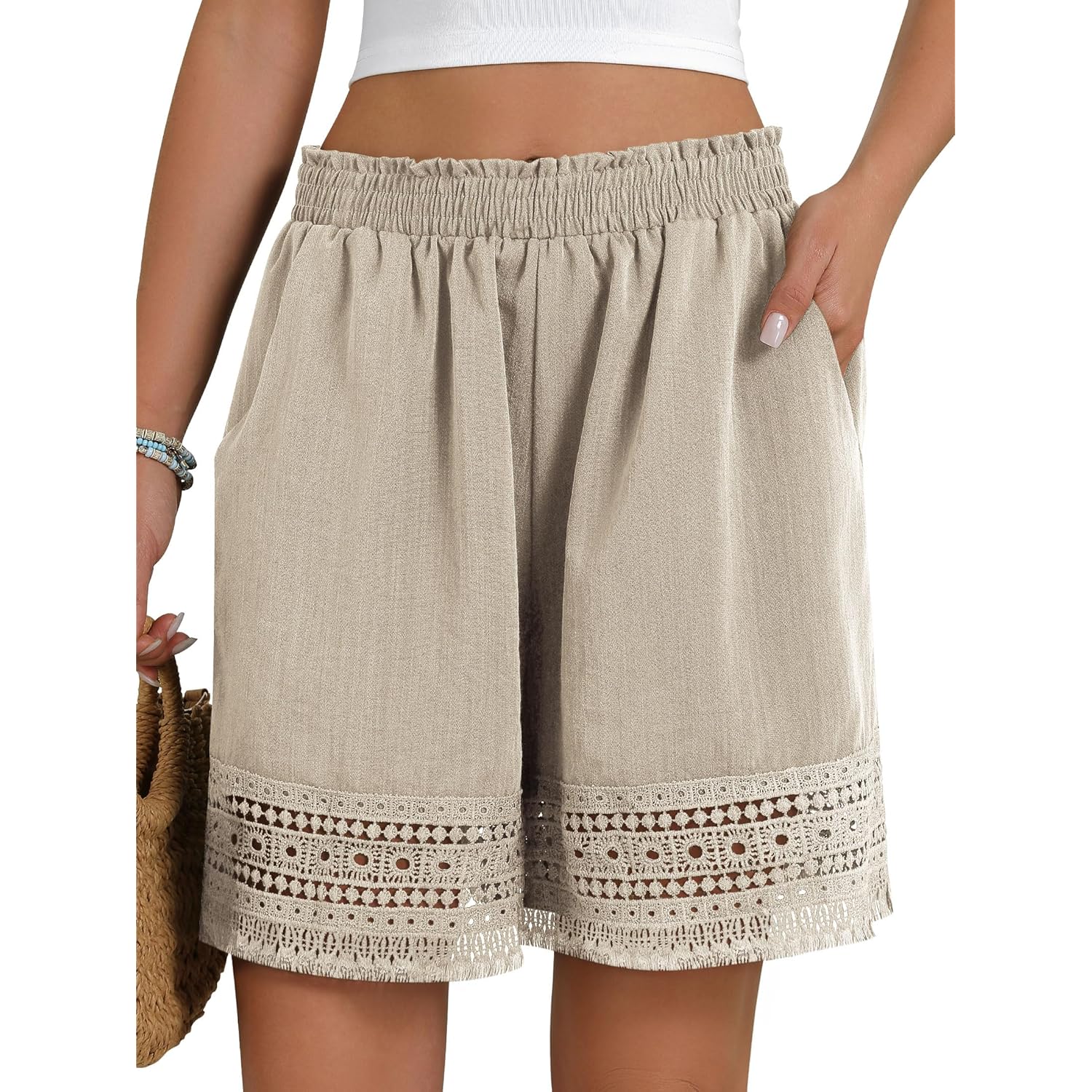 Women's Casual Elastic Waist Lounge Shorts Comfy Stretch Lace Trim Summer Beach Linen Ruffle Shorts