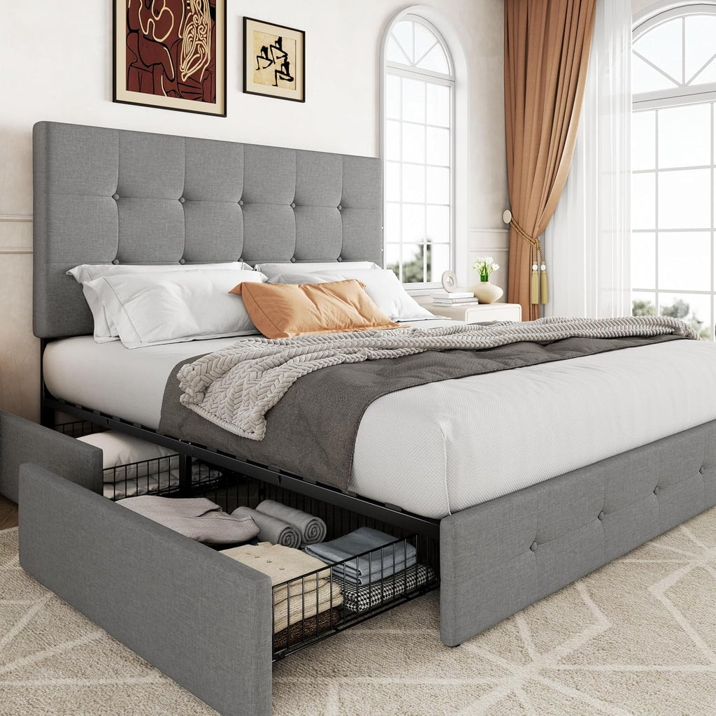 Allewie Upholstered Queen Size Platform Bed Frame With 4 Storage Drawers And Headboard, Square Stitched Button Tufted, Mattress Foundation With Wooden Slats Support, No Box Spring Needed, Light Grey