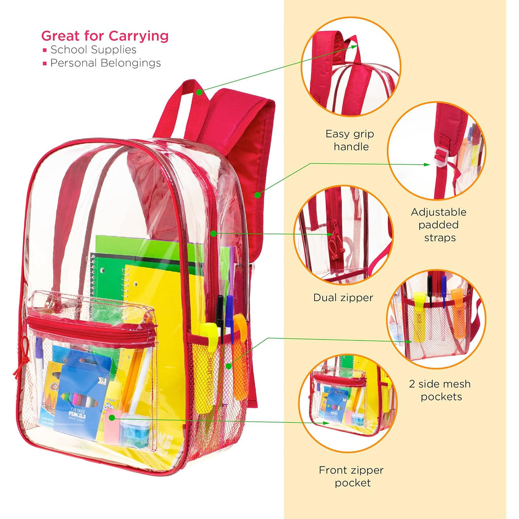 Moda West 24 Pack 17Inch Wholesale Bulk Clear Backpack In 6 Assorted Color
