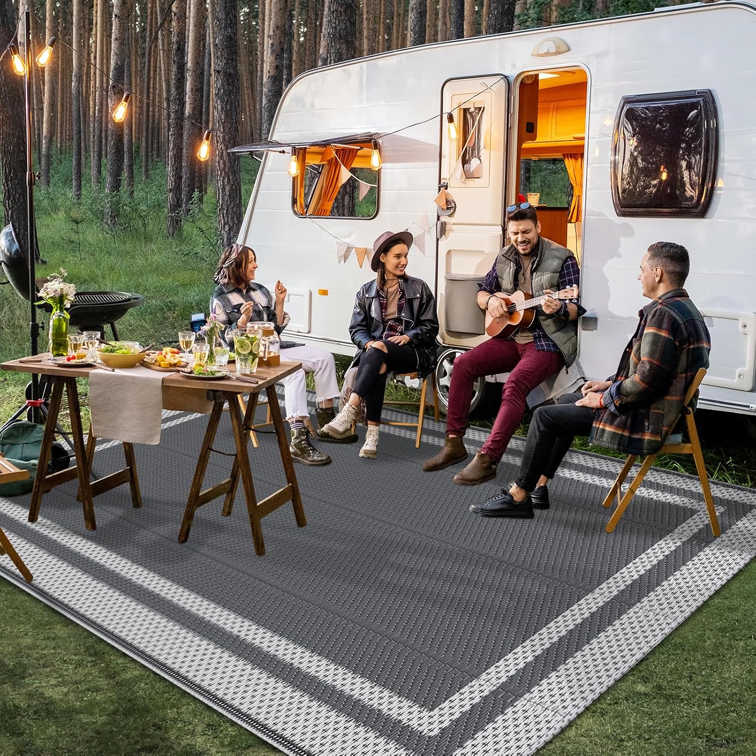 Happytrends Outdoor Rug Reversible Portable Plastic Straw Camping Rugs For Outside Rv,Large Waterproof Outdoor Area Rugs For Patio,Deck,Porch,Balcony(5'X 8',White&Gray)