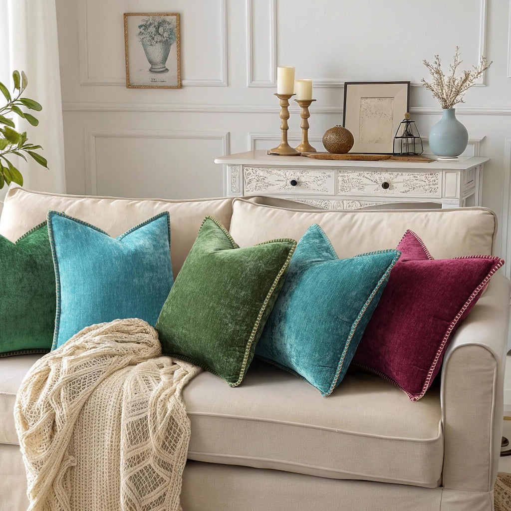 Decoruhome Fall Chenille Soft Cozy Throw Pillow Covers 12X20 Set Of 2, Modern Farmhouse Boho Velvet Decorative Pillow Cases With Stitched Edge For Couch Sofa Bed Home Decor, Forest Green