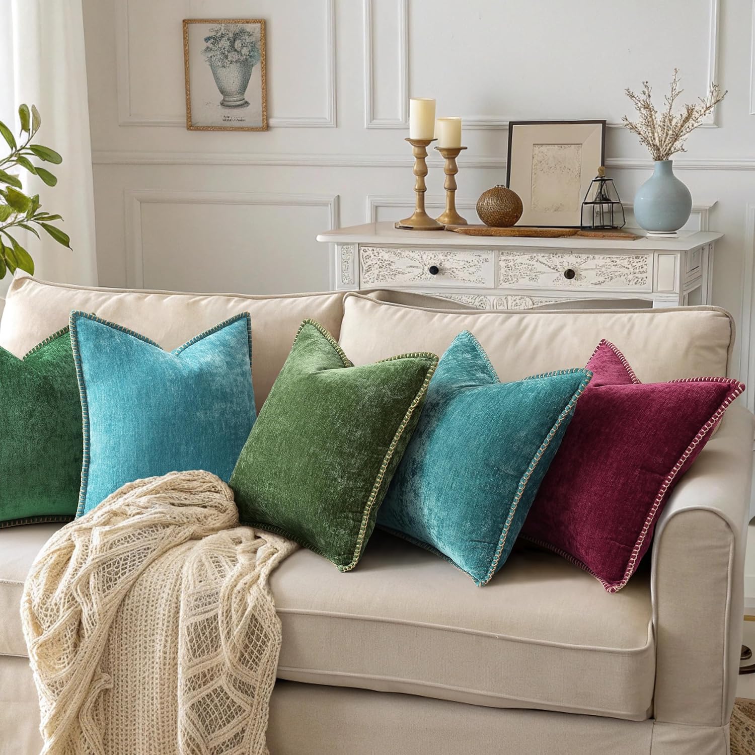 Decoruhome Fall Chenille Soft Cozy Throw Pillow Covers 12X20 Set Of 2, Modern Farmhouse Boho Velvet Decorative Pillow Cases With Stitched Edge For Couch Sofa Bed Home Decor, Forest Green